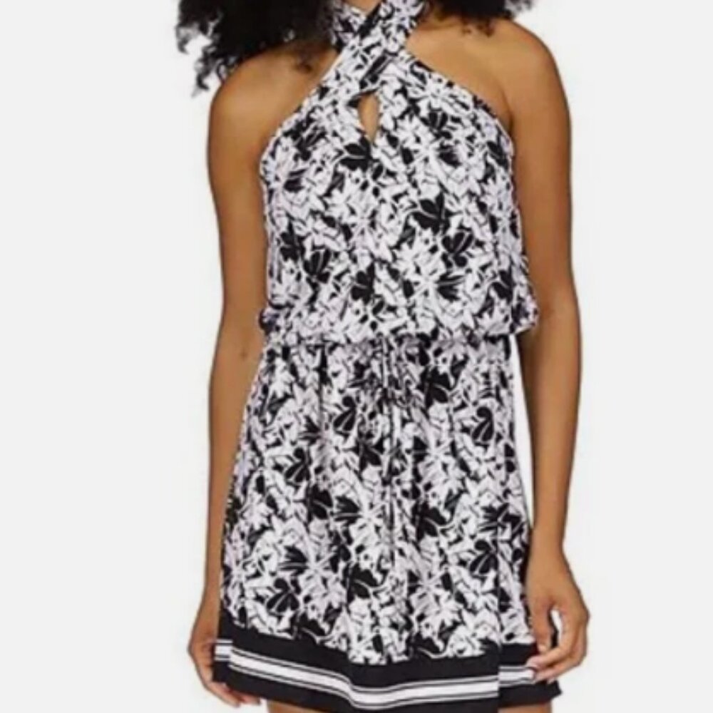 NWT Michael Kors Size L Printed Criss Cross Halter Neck Sleeveless Dress